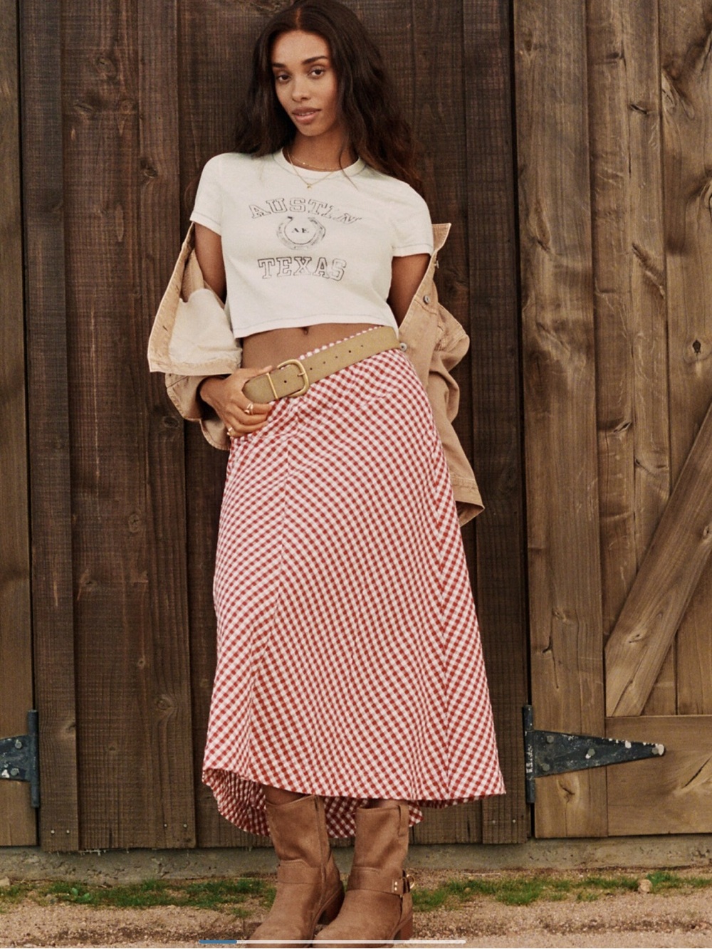 American Eagle Outfitters Red Gingham Midi Skirt